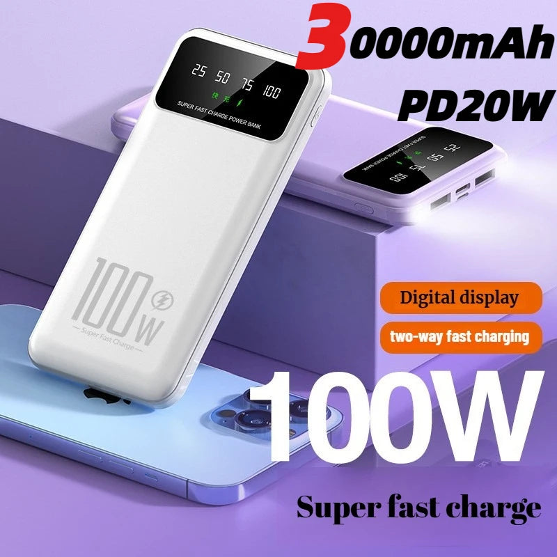 Portable100W Fast Charging with LED Light 20000mAh High-capacity Power Bank Digital Display Suitable for IPhone, Huawei, Samsung